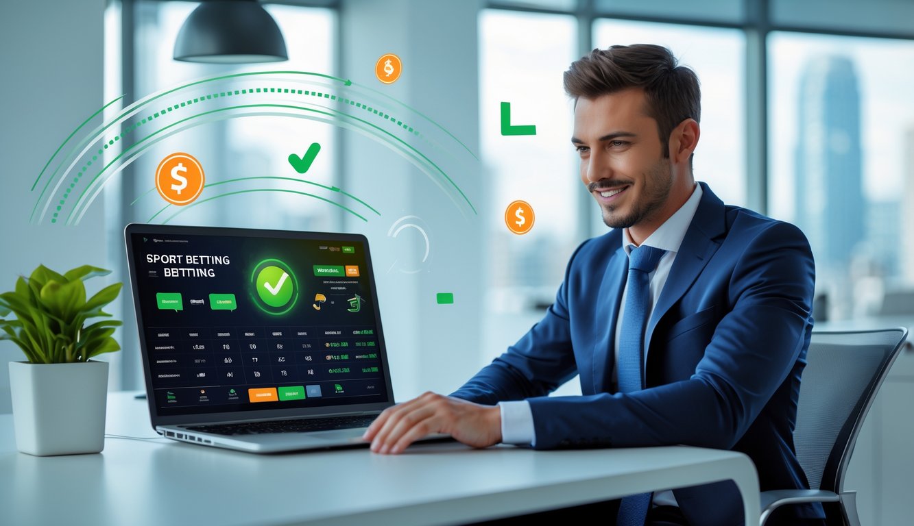 Seorang pria percaya diri menggunakan laptop di kantor modern dengan latar belakang jendela besar dan suasana profesional.