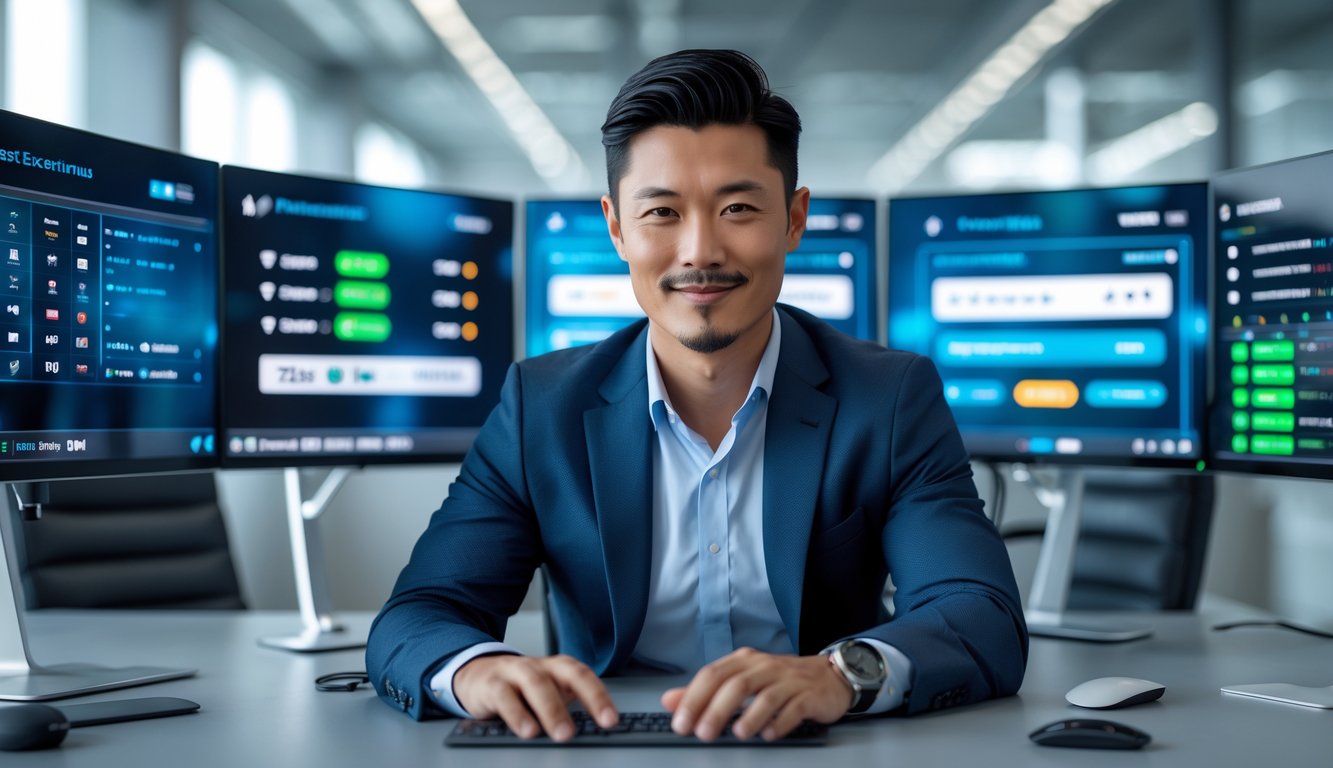 Seorang pria Asia duduk di meja kantor modern dengan beberapa layar komputer yang menampilkan data taruhan olahraga dan notifikasi transaksi cepat.