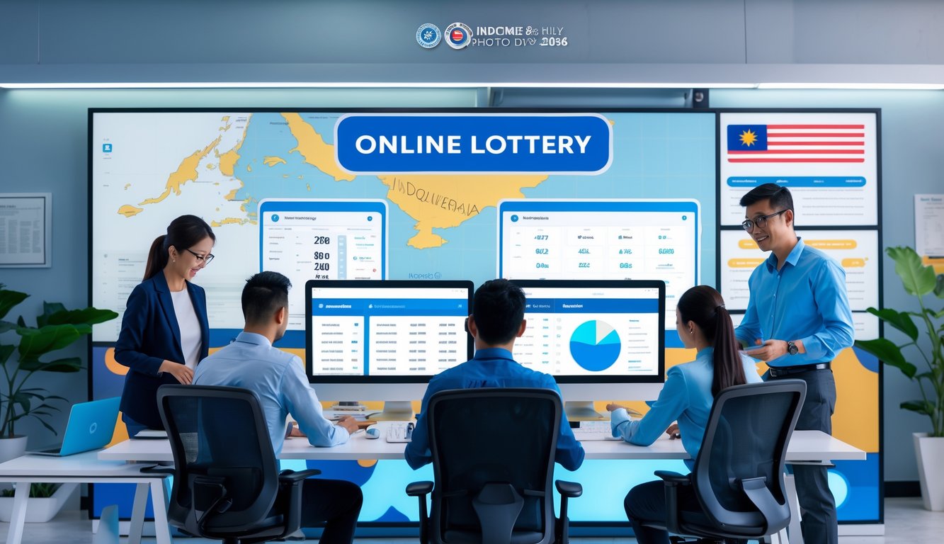 Beberapa profesional bekerja bersama di kantor modern dengan perangkat digital yang menampilkan grafik terkait lotere online.