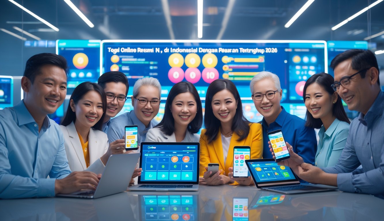 Sekelompok orang dewasa sedang menggunakan perangkat digital untuk bermain togel online di ruang kantor modern dengan layar besar menampilkan grafik dan ikon togel.