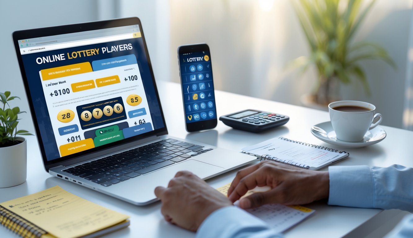 Meja kerja modern dengan laptop dan ponsel menampilkan antarmuka taruhan lotere, disertai secangkir kopi dan alat tulis.