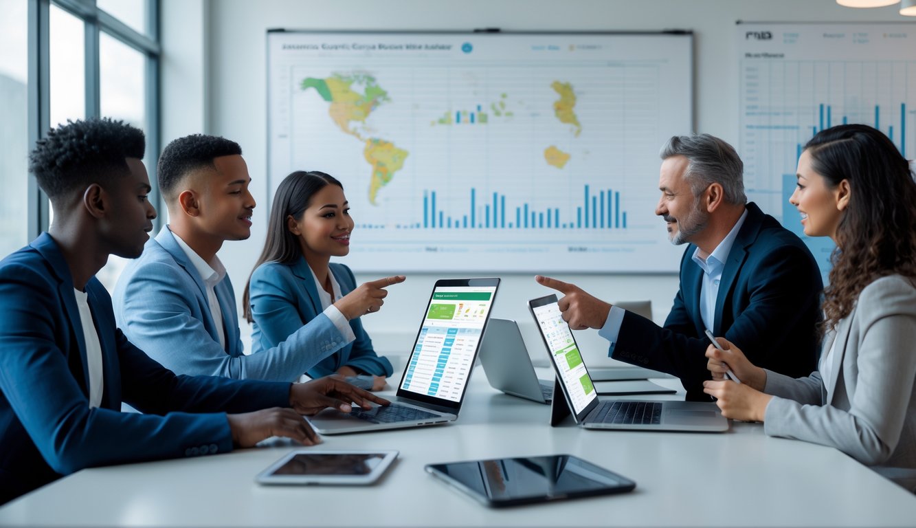 Beberapa orang sedang berdiskusi dan menganalisis data di depan perangkat digital di sebuah kantor modern.