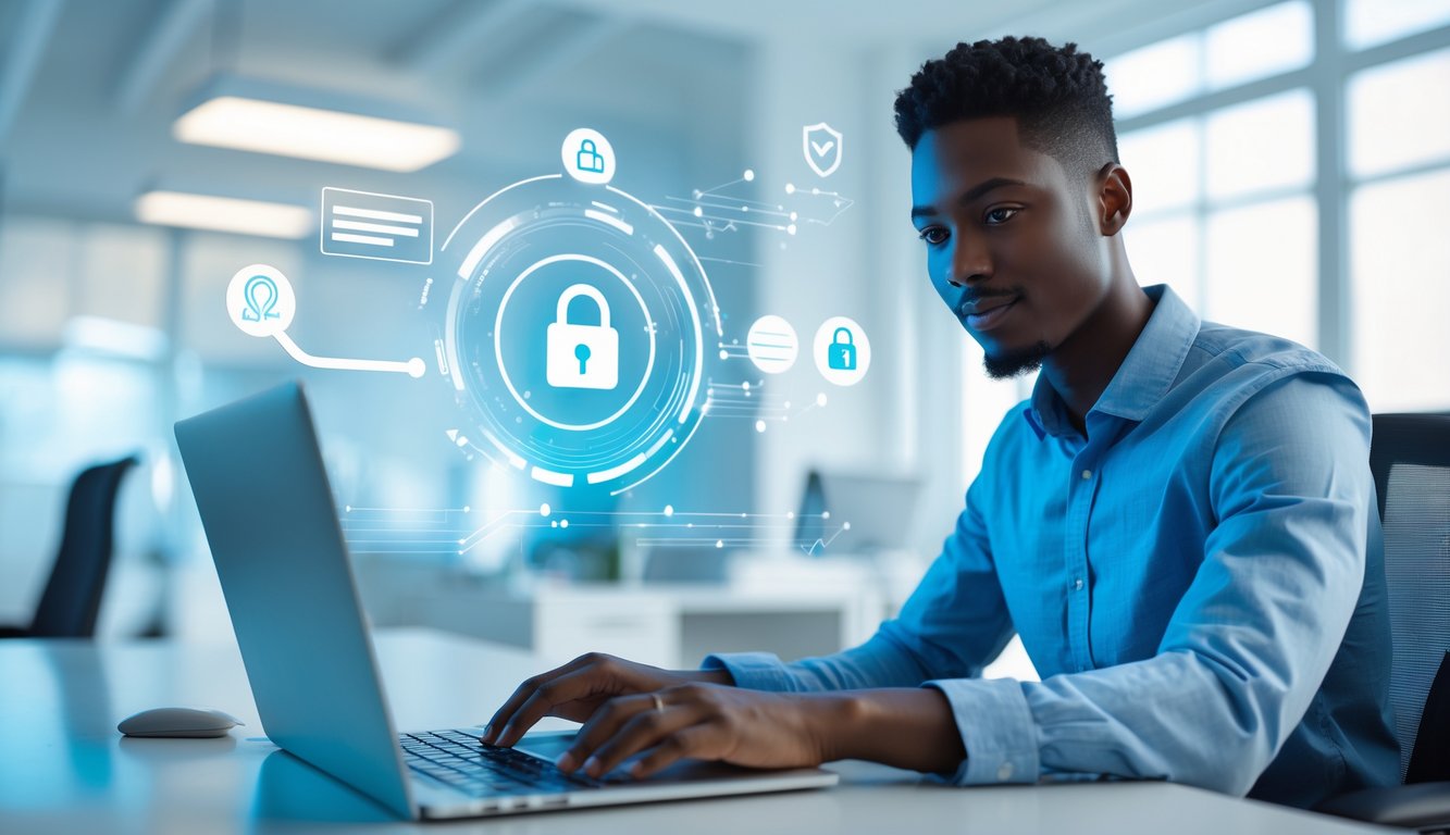 Seorang dewasa muda menggunakan laptop di kantor yang terang dengan ikon keamanan dan kecepatan digital di sekitar.