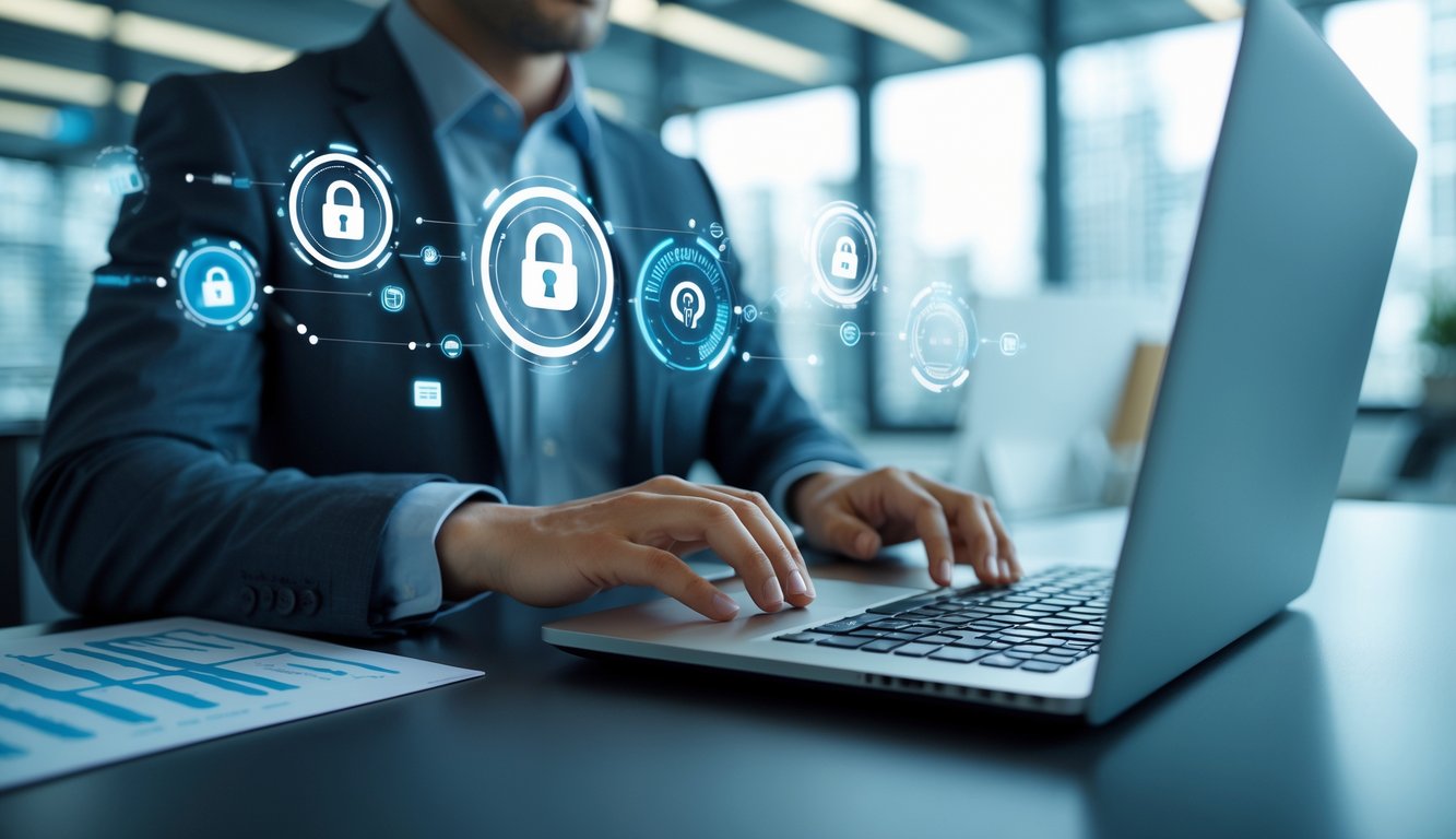 Seorang pebisnis menggunakan laptop di kantor modern dengan ikon digital yang melambangkan keamanan dan kecepatan transaksi online.