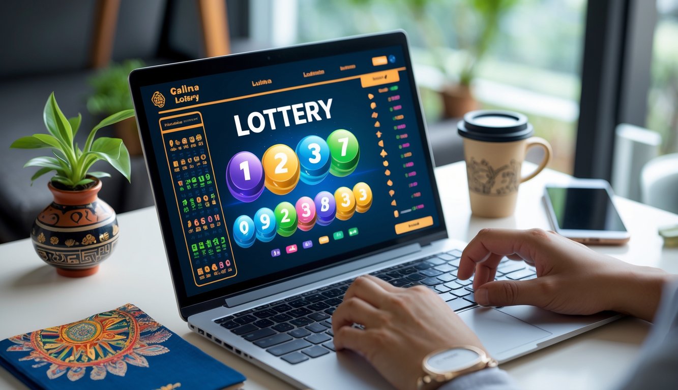 Meja kerja modern dengan laptop yang menampilkan antarmuka permainan togel online, tangan seseorang sedang menggunakan laptop, dengan elemen budaya Indonesia di sekitar meja.