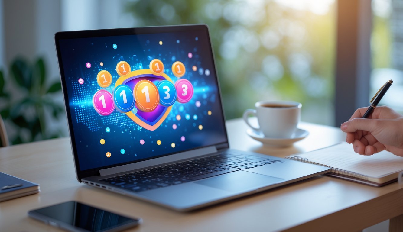 Sebuah meja kerja modern dengan laptop yang menampilkan antarmuka permainan togel online, dikelilingi oleh ponsel, cangkir kopi, dan buku catatan.