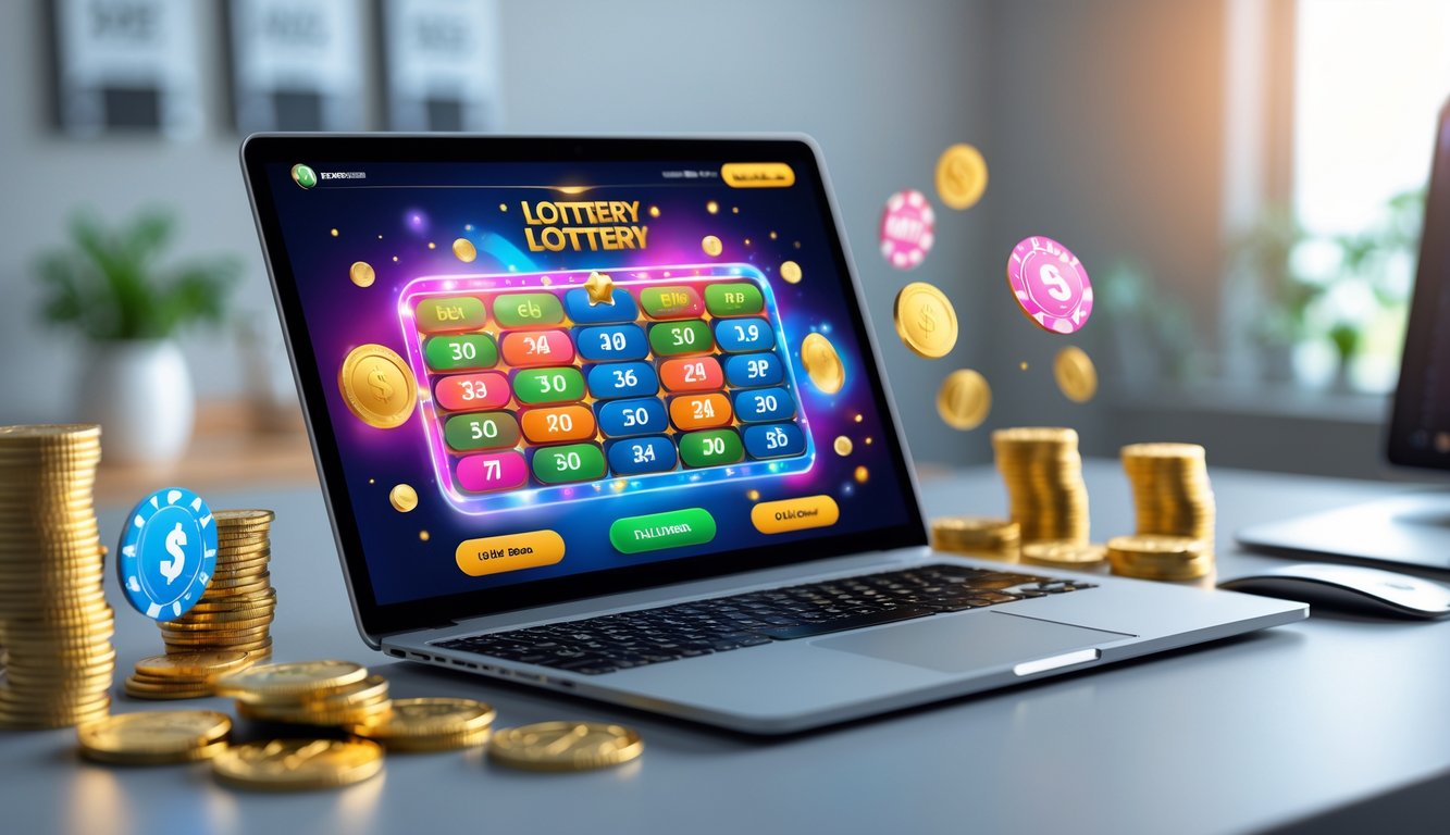 Sebuah meja kerja modern dengan laptop yang menampilkan antarmuka permainan togel online, dikelilingi oleh koin emas dan simbol hadiah.