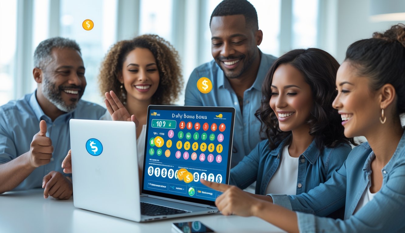 Sekelompok orang dewasa yang bahagia menggunakan laptop dan ponsel untuk bermain togel online di kantor yang terang dan bersih.