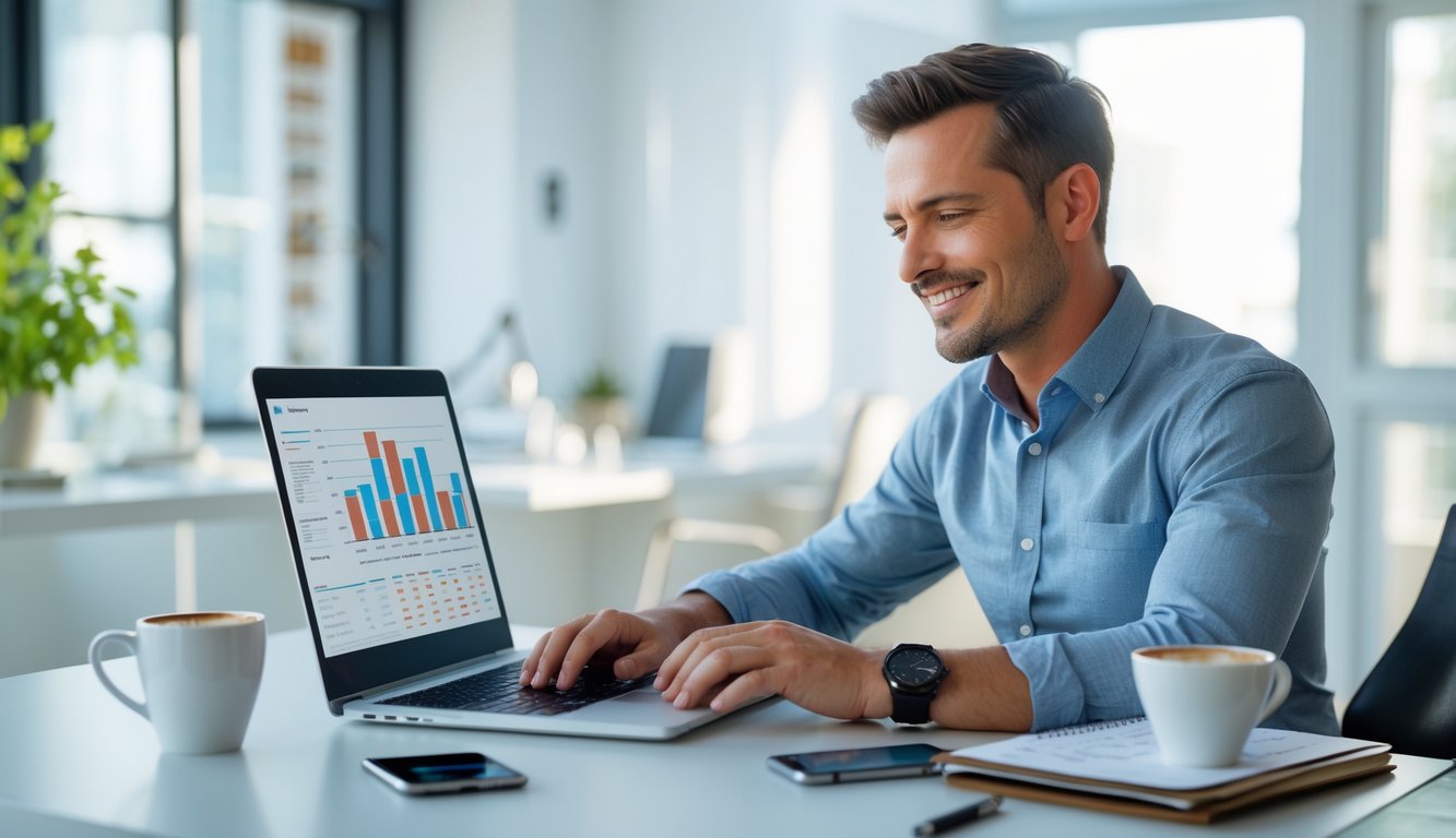 Seorang pria duduk di meja kerja dengan laptop dan alat tulis, fokus pada layar komputer di ruang kantor yang terang.