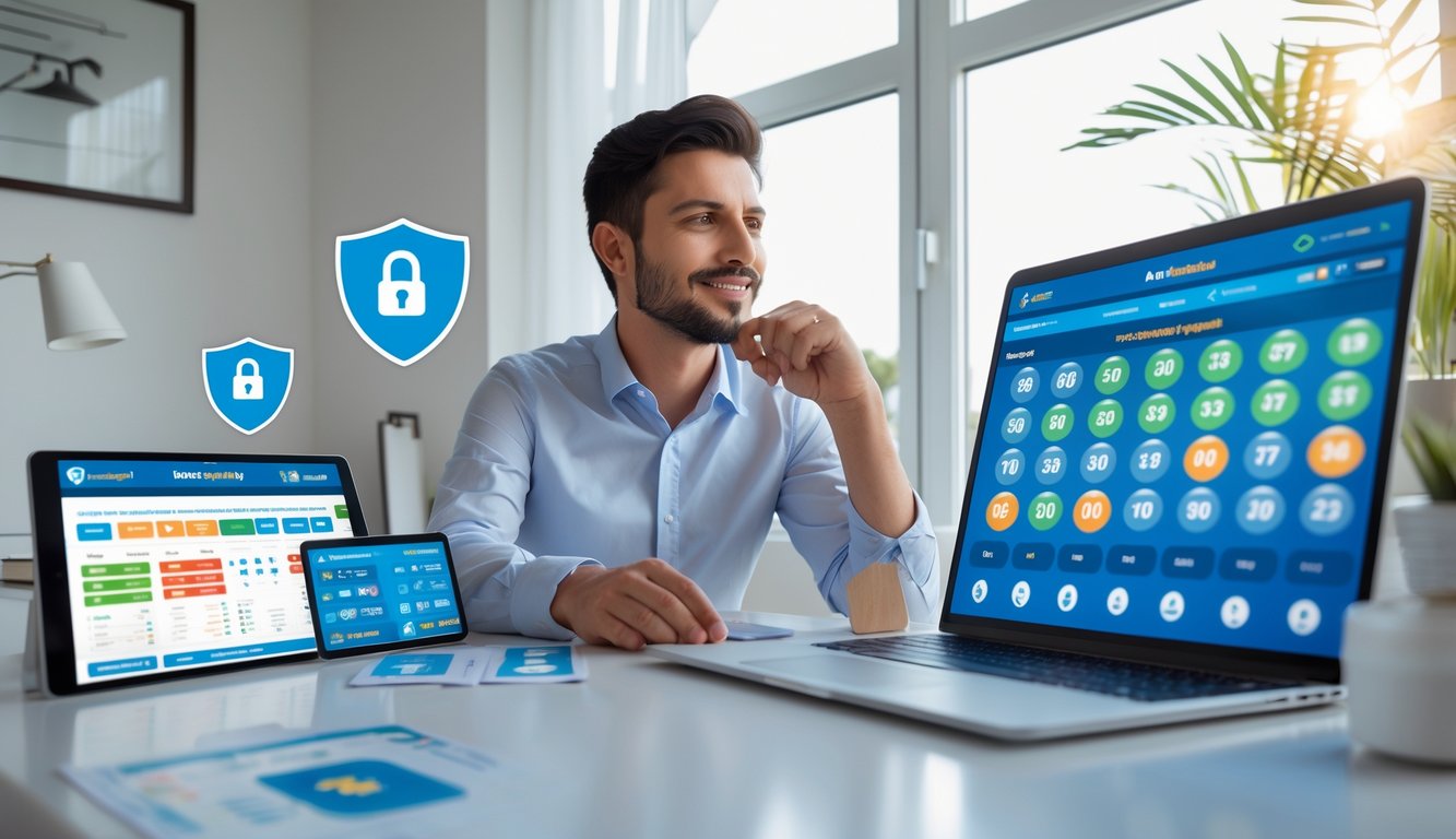 Seseorang duduk di meja kerja dengan beberapa perangkat digital yang menampilkan antarmuka togel online, terlihat fokus dan serius menganalisis data.