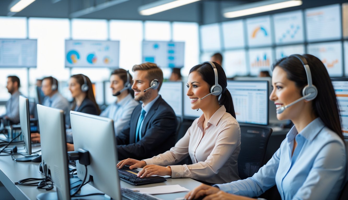 Tim layanan pelanggan sedang bekerja di kantor modern dengan komputer dan headset.