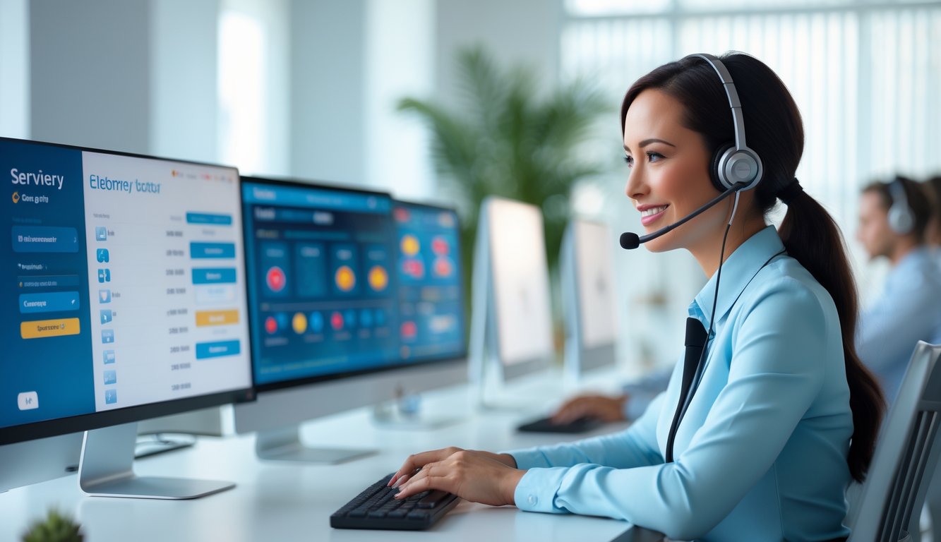 Seorang petugas layanan pelanggan sedang bekerja di kantor modern dengan beberapa layar komputer yang menampilkan data terkait togel online.