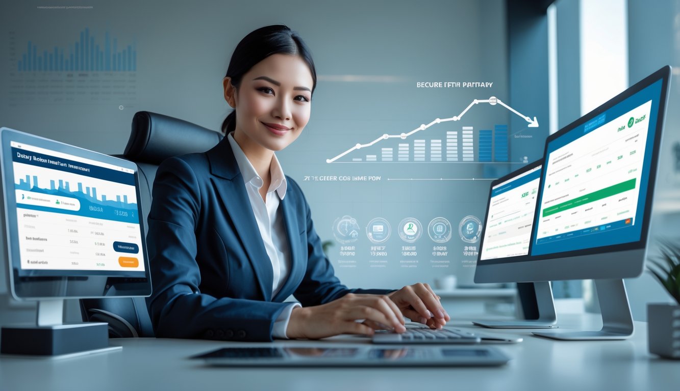 Seorang profesional duduk di meja modern dengan perangkat digital yang menampilkan grafik dan konfirmasi pembayaran, menunjukkan suasana kerja yang terpercaya dan aman.