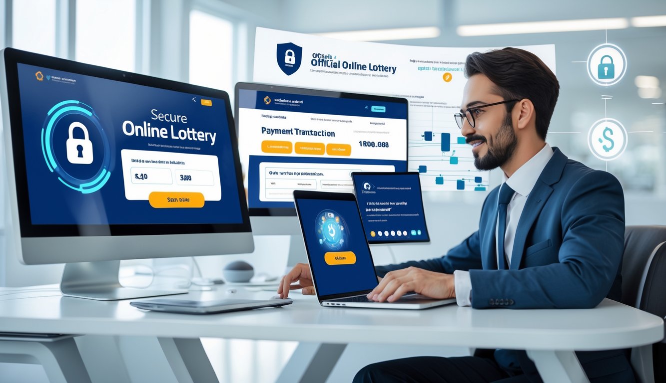 Seorang profesional duduk di meja kantor modern dengan beberapa layar komputer yang menampilkan situs togel online resmi dan grafik transaksi pembayaran.