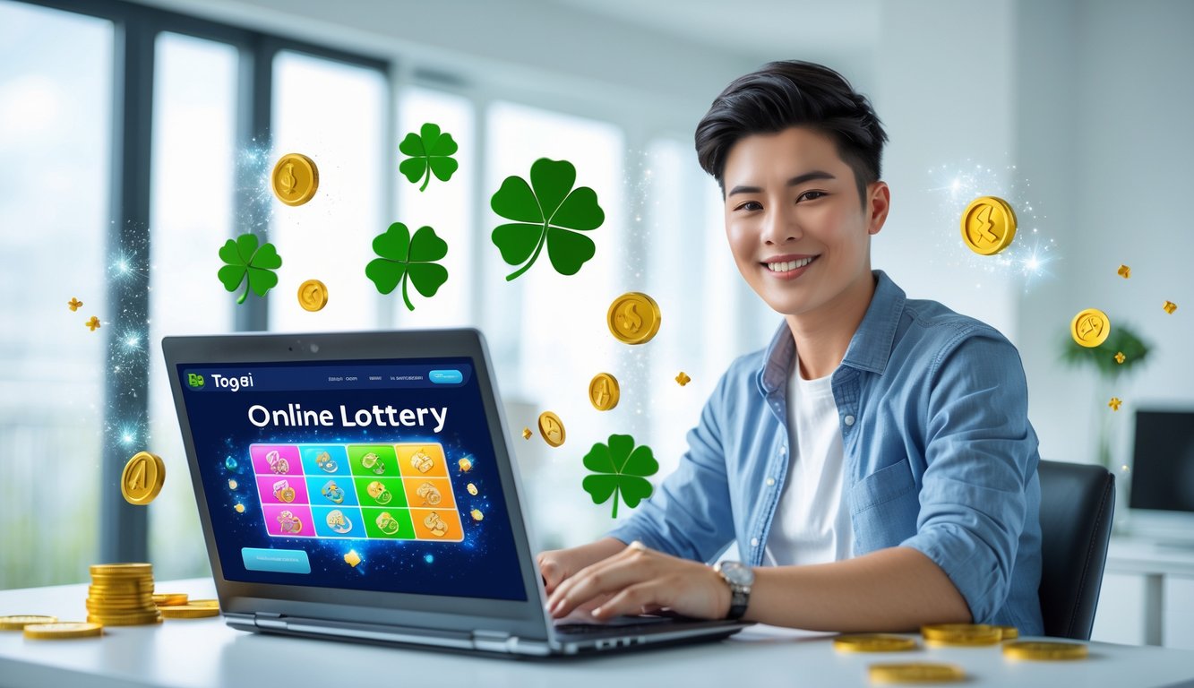 Seorang dewasa muda duduk di meja dengan laptop terbuka, tersenyum dan terlihat percaya diri di ruang kerja rumah yang terang dan rapi.