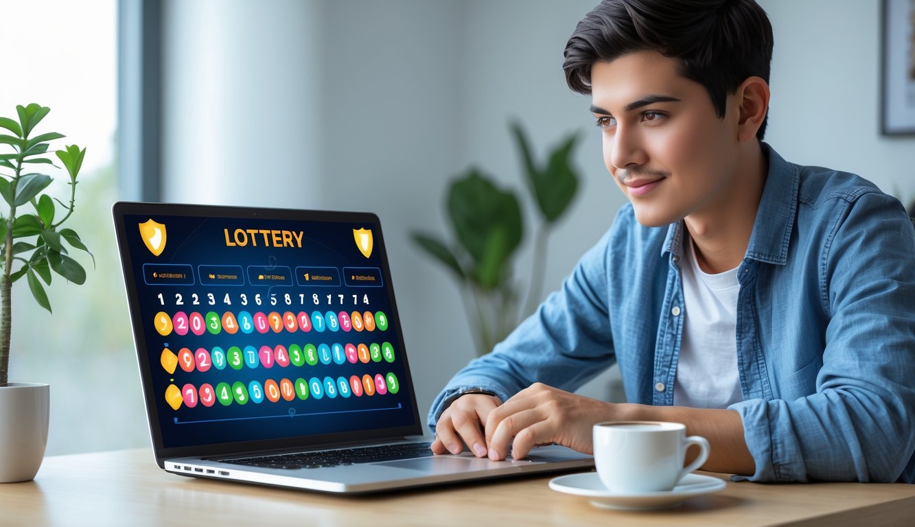 Seorang dewasa muda duduk di meja kerja dengan laptop, fokus pada layar yang menampilkan angka dan grafik togel online, di ruangan yang terang dan rapi.
