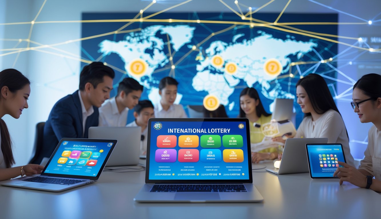 Orang-orang menggunakan perangkat elektronik di lingkungan digital modern dengan elemen peta dunia dan garis jaringan yang menyala.