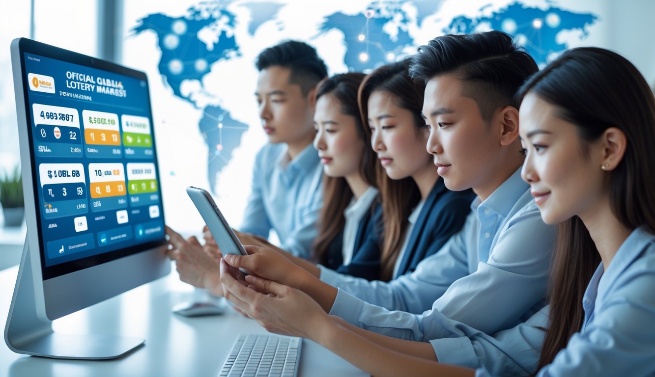Sekelompok orang muda menggunakan perangkat digital untuk bermain togel online resmi dengan latar belakang peta dunia dan elemen jaringan digital.