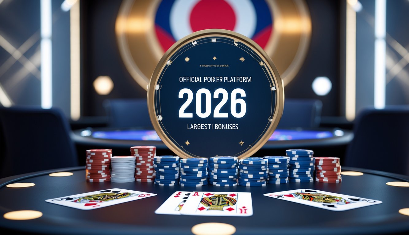 Meja poker digital modern dengan kartu dan chip poker diatur rapi, dengan latar belakang motif bendera Indonesia yang samar.