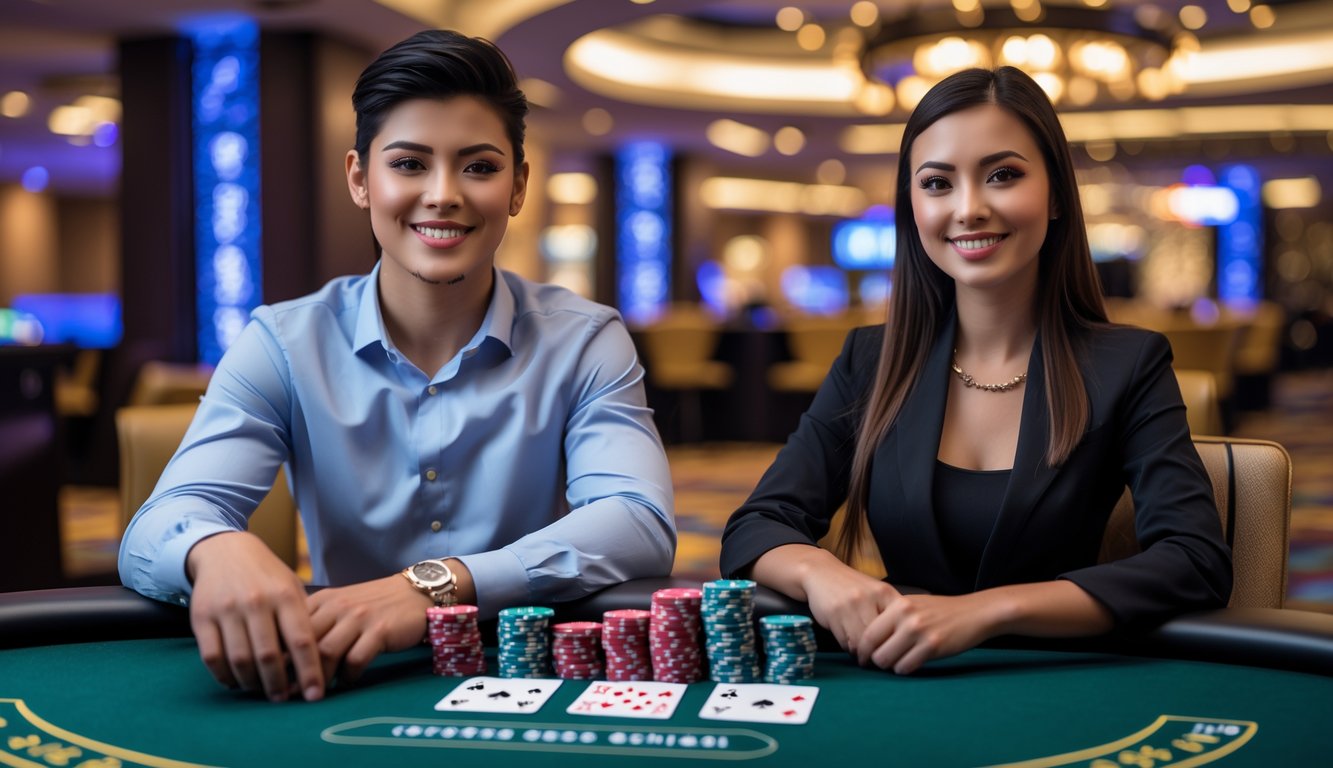 Dua pemain poker muda duduk di meja poker dengan chip dan kartu di kasino yang mewah.