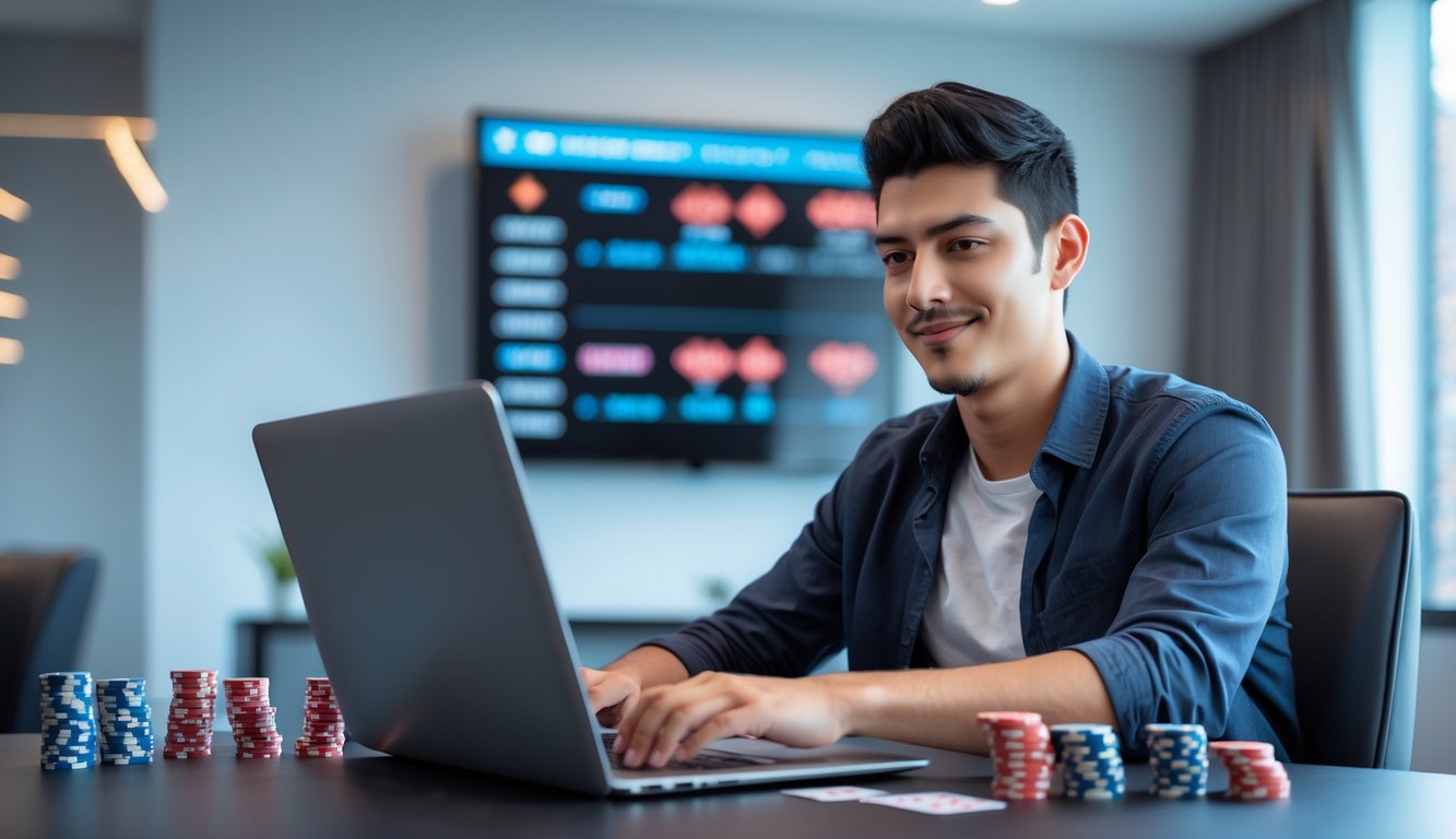 Seorang pria muda duduk di depan laptop bermain poker online di ruangan yang rapi dan terang.