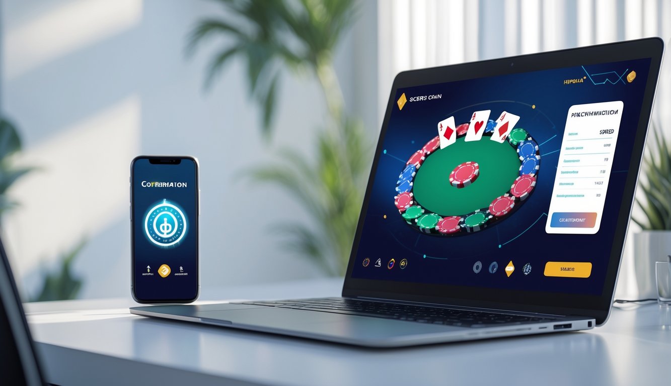 Sebuah meja kerja modern dengan komputer dan ponsel yang menampilkan permainan poker online dan konfirmasi transaksi yang aman.