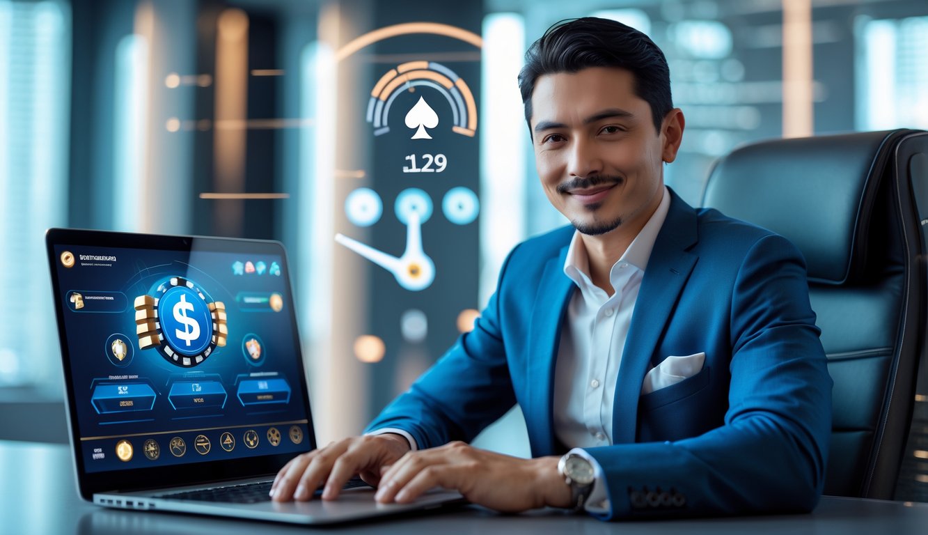 Seorang pria percaya diri duduk di meja modern menggunakan laptop dengan tampilan permainan poker digital, di ruang kantor yang terang dan rapi.