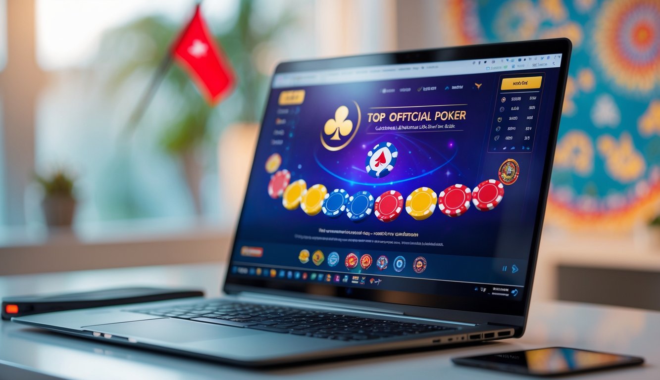 Seorang pemain poker online menggunakan laptop dengan tampilan permainan poker digital dan chip di meja.