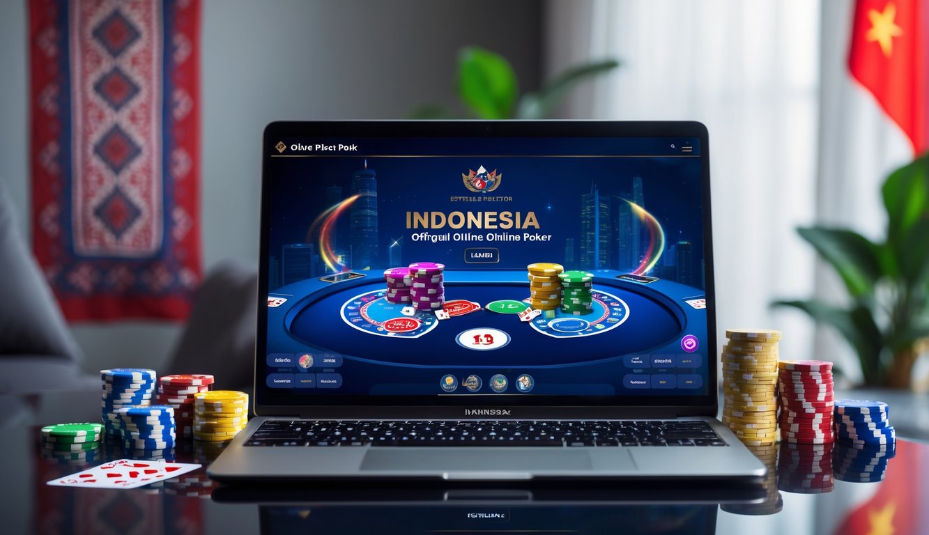 Sebuah meja poker digital dengan komputer menampilkan permainan poker online dan chip poker berwarna-warni dengan latar belakang elemen budaya Indonesia.