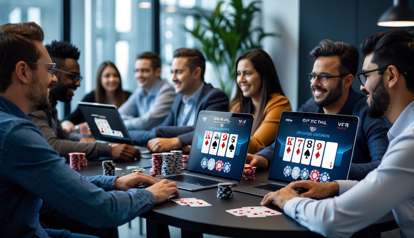 Sekelompok orang bermain poker online bersama di ruangan modern dengan perangkat digital dan suasana profesional.