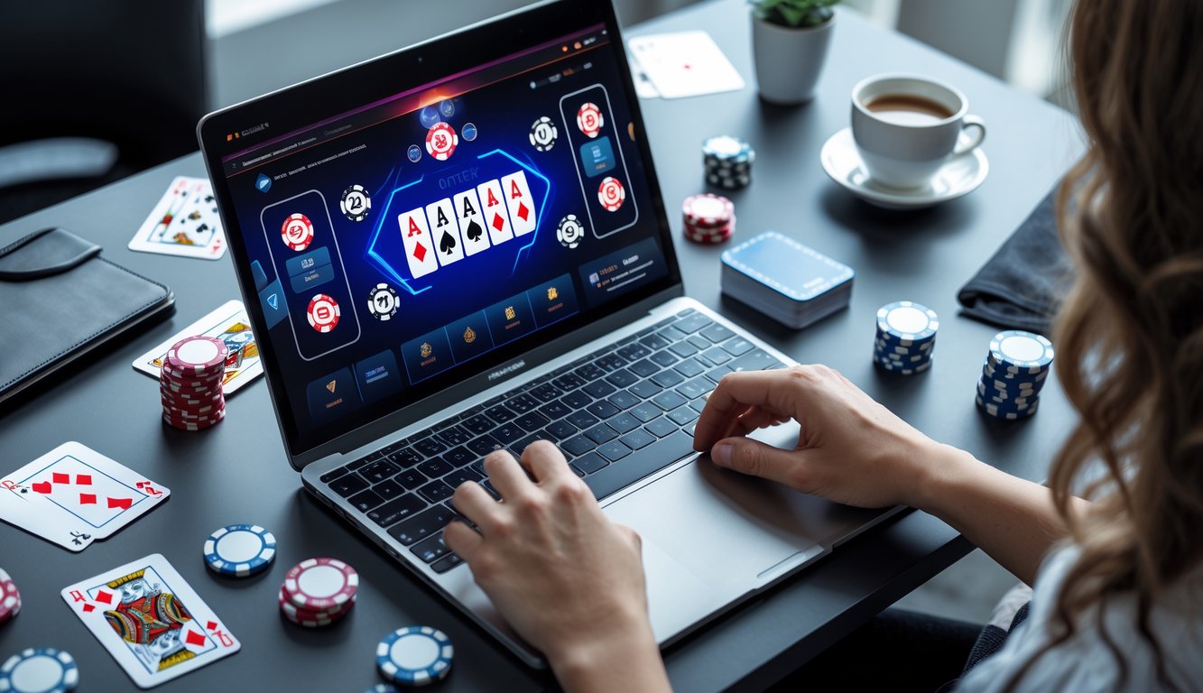Seorang pemain duduk di depan laptop dengan tampilan permainan poker online, dikelilingi oleh chip poker dan kartu, menunjukkan suasana bermain poker online yang serius dan fokus.
