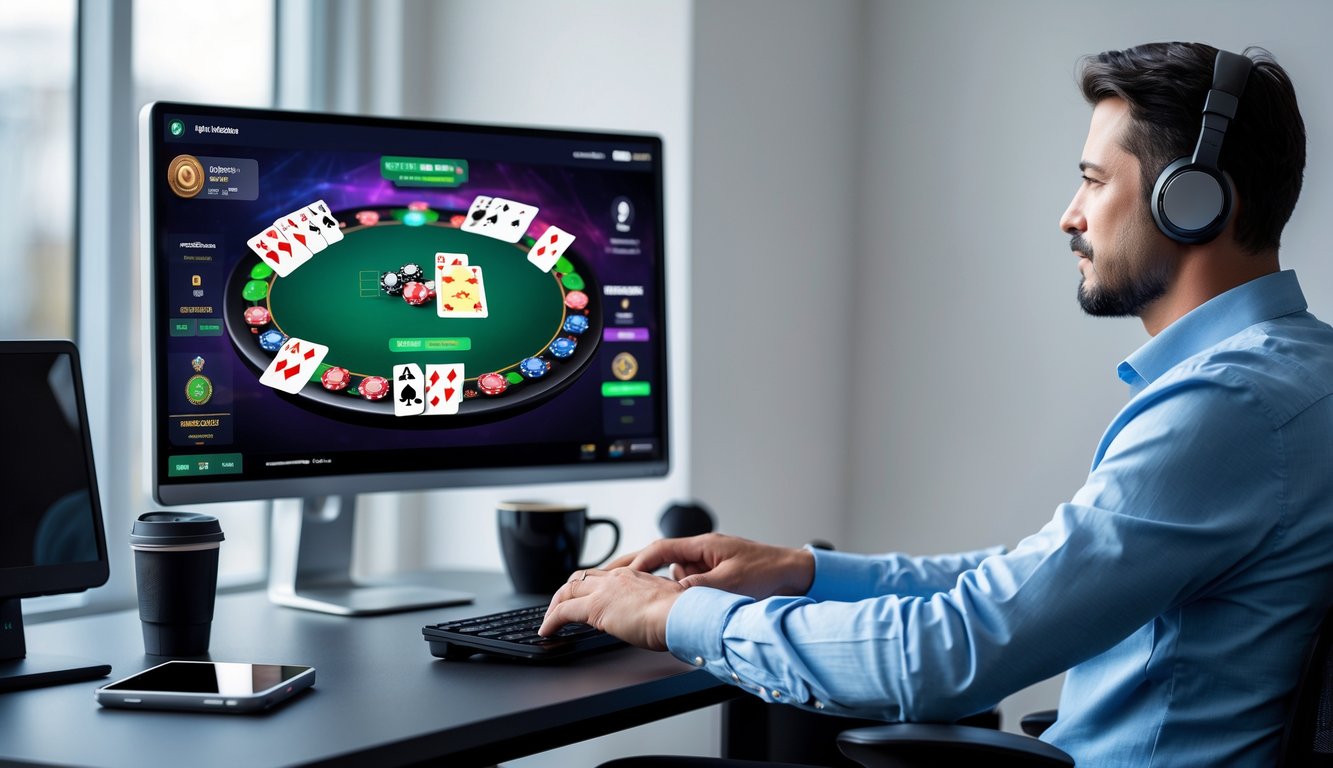 Seorang pemain dewasa duduk di depan komputer dengan tampilan permainan poker online yang cerah dan berwarna, di ruang kerja yang rapi dan minimalis.