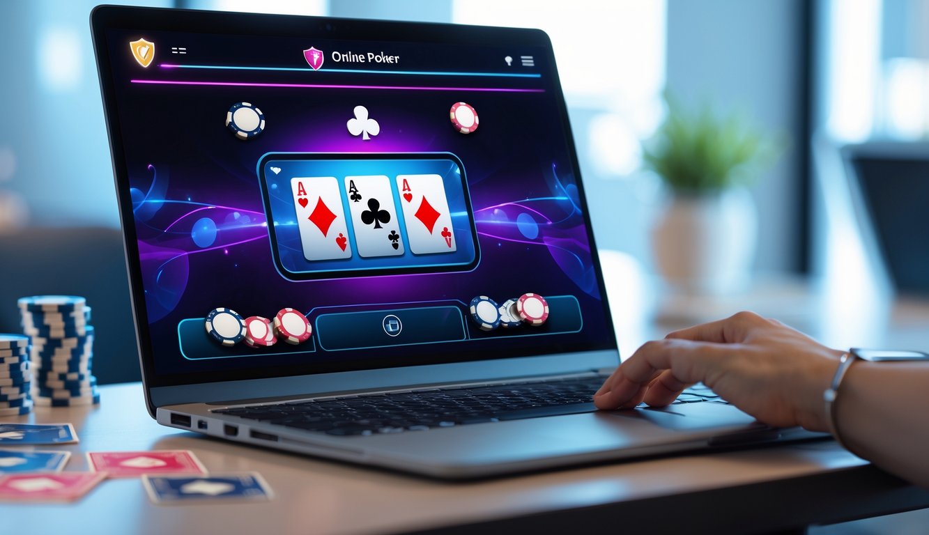 Seorang pengguna komputer dengan tampilan permainan poker online di layar, menunjukkan suasana permainan poker yang terpercaya dan mudah diakses.