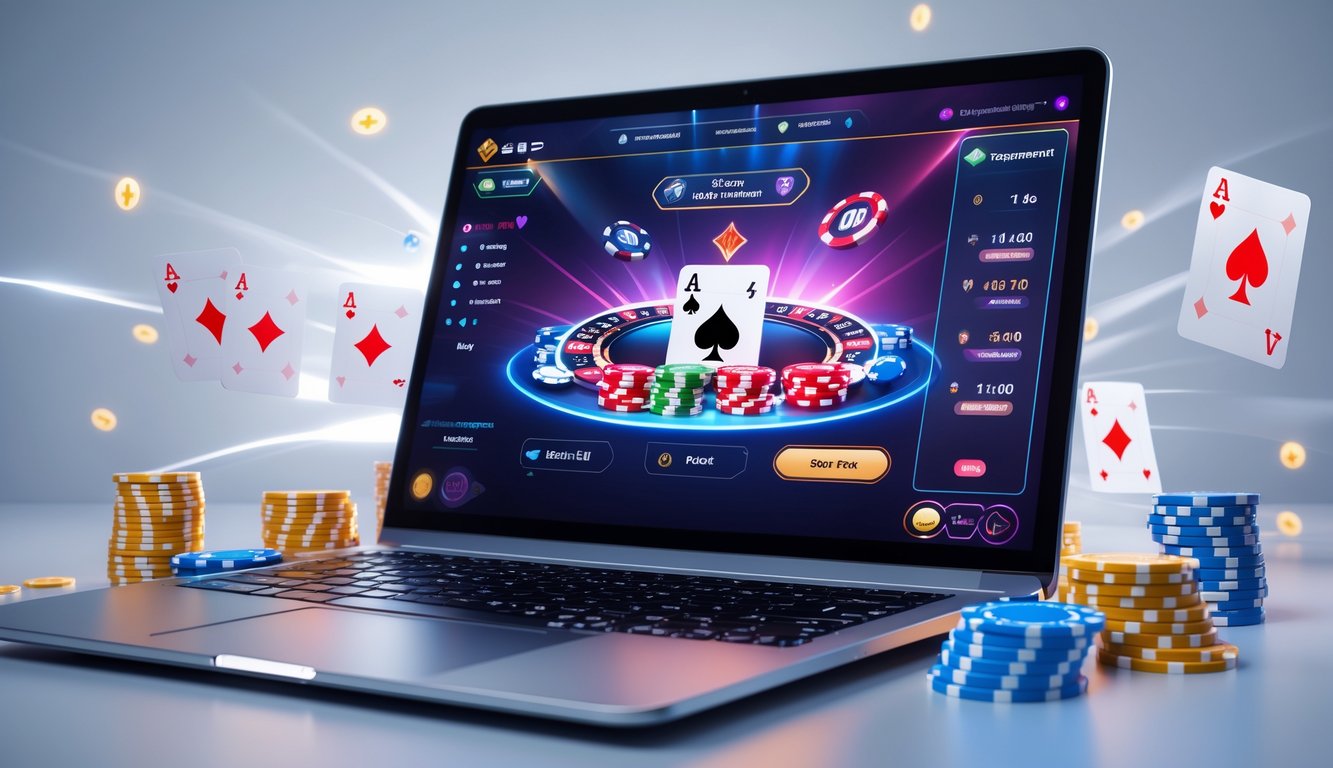 Seorang pemain poker sedang bermain poker online di depan layar komputer dengan chip dan kartu poker di sekitarnya.