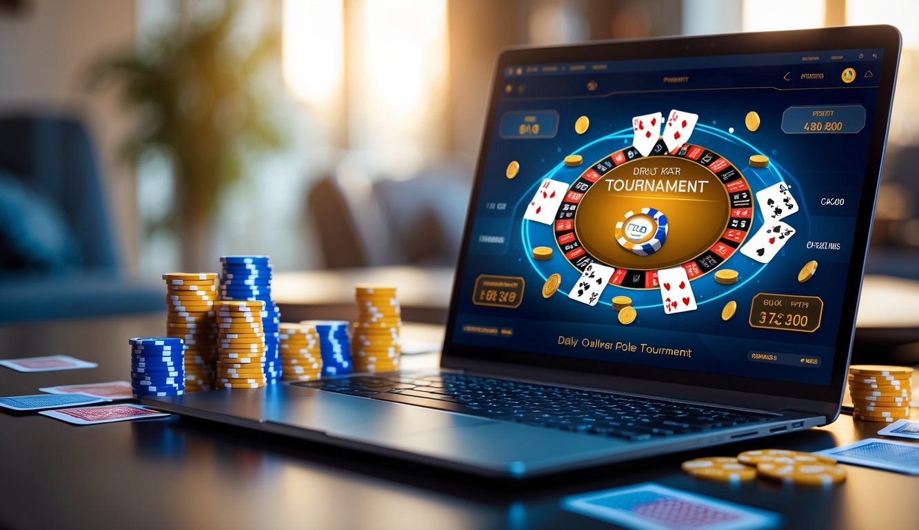 Seorang pemain poker online sedang bermain di depan komputer dengan tumpukan chip dan kartu di meja, menunjukkan suasana turnamen poker yang menarik.