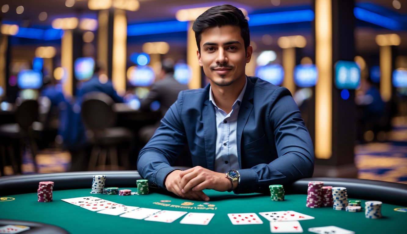 Seorang pria muda duduk di meja poker dengan kartu dan chip, terlihat fokus dan percaya diri dalam suasana kasino.