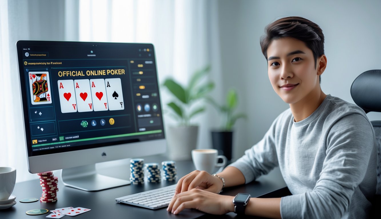 Seorang pemuda duduk di depan komputer dengan kartu poker dan chip di meja, tampak fokus bermain poker online.