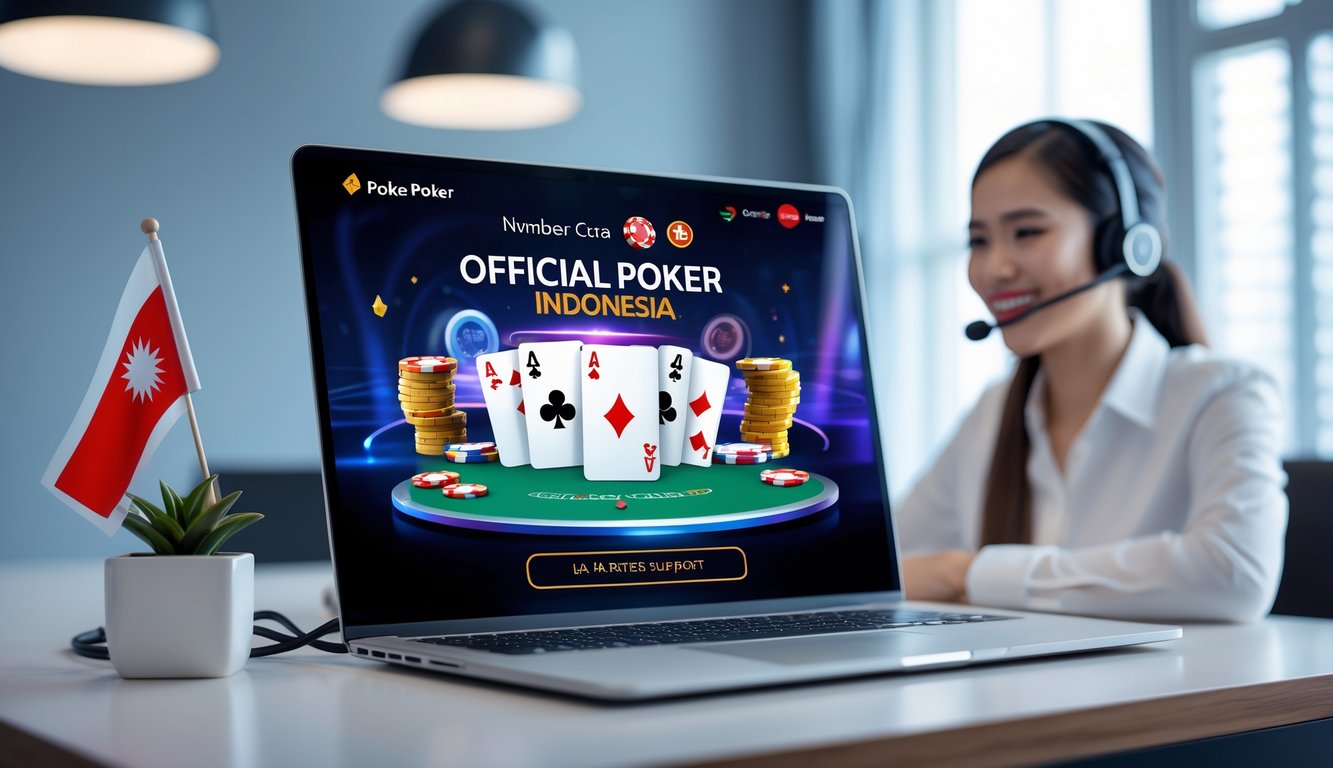 Seorang perwakilan layanan pelanggan dengan headset sedang bekerja di depan komputer yang menampilkan permainan poker online dengan chip dan kartu di layar.