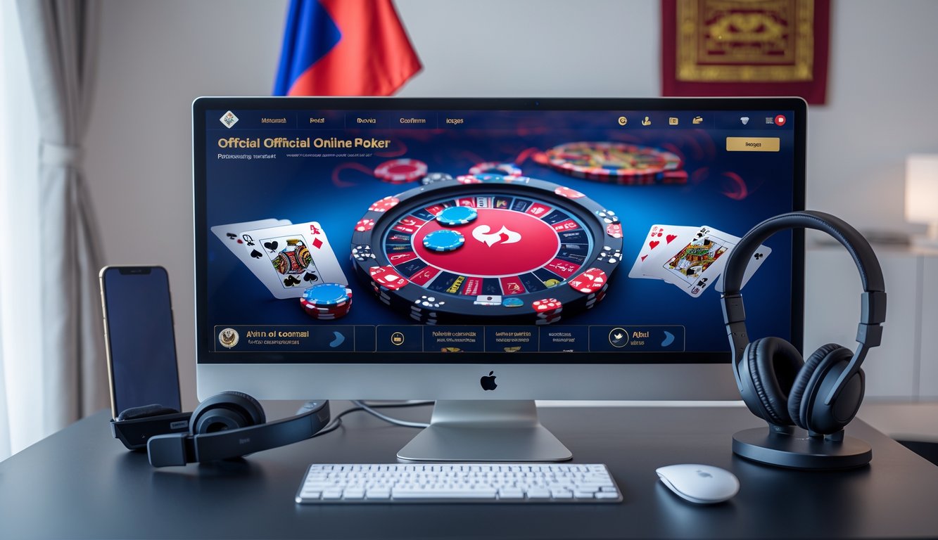 Seorang pemain poker online menggunakan komputer di ruang kerja yang rapi dengan peralatan gaming dan headset, menunjukkan layanan poker online resmi dengan dukungan pelanggan 24 jam.