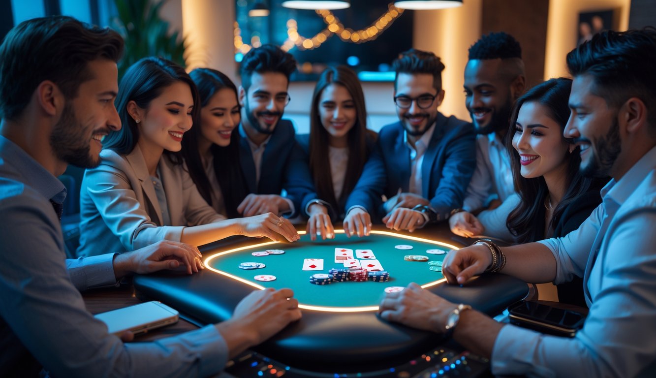 Sekelompok orang bermain poker online di depan laptop dan ponsel di ruangan yang terang dan modern.