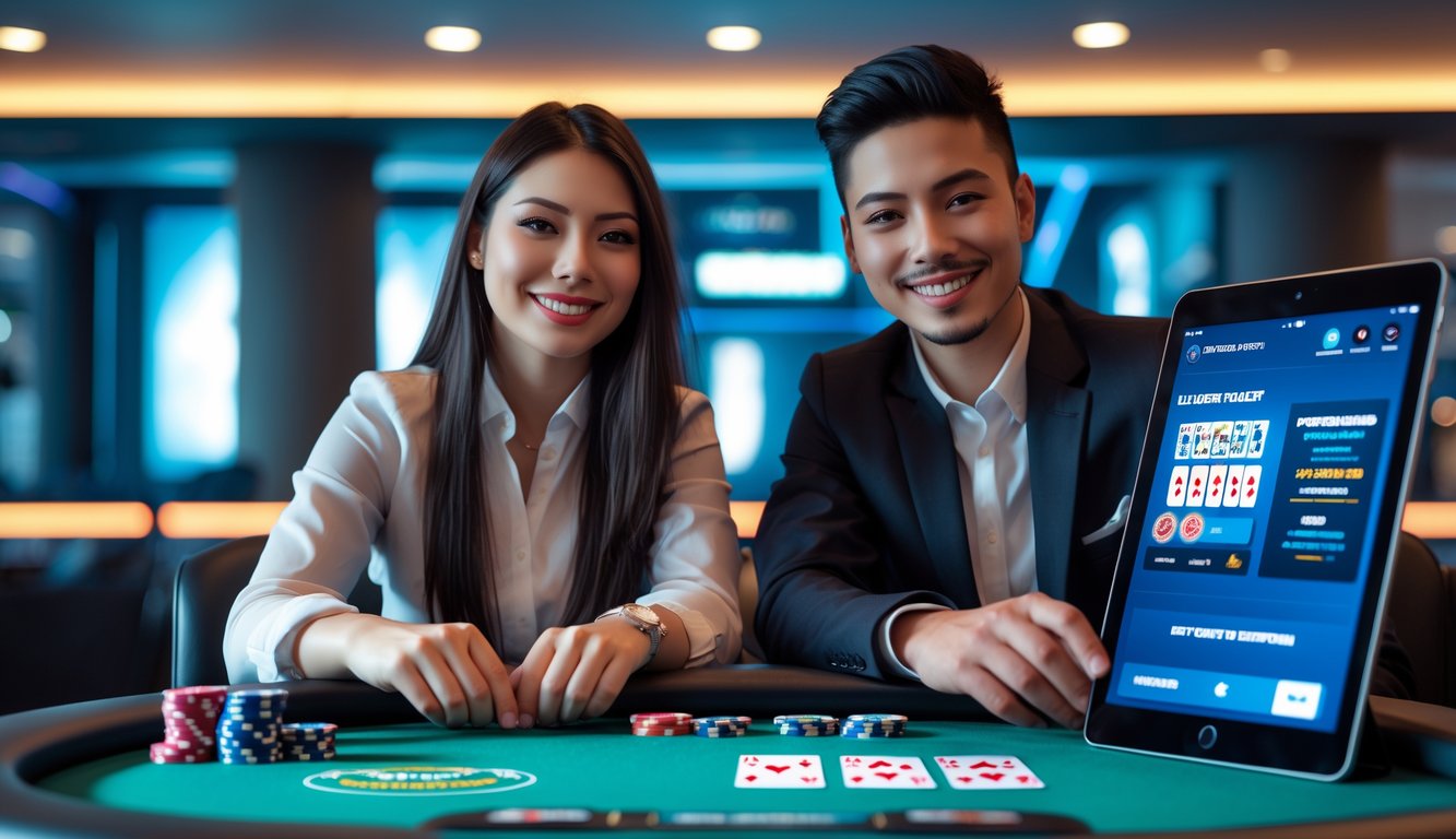 Dua orang muda duduk di meja poker dengan chip dan kartu, tersenyum dan terlihat menikmati permainan poker online.