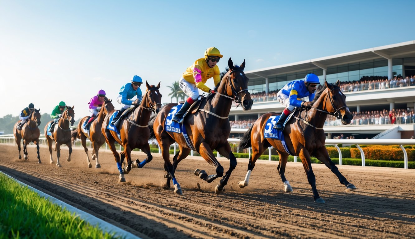 Lomba balap kuda dengan joki sedang mengendarai kuda di lintasan balap dikelilingi penonton dan pepohonan.