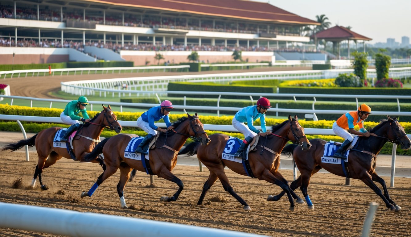 Balapan kuda resmi di Indonesia dengan joki mengendarai kuda di lintasan dan orang-orang memasang taruhan menggunakan perangkat digital.