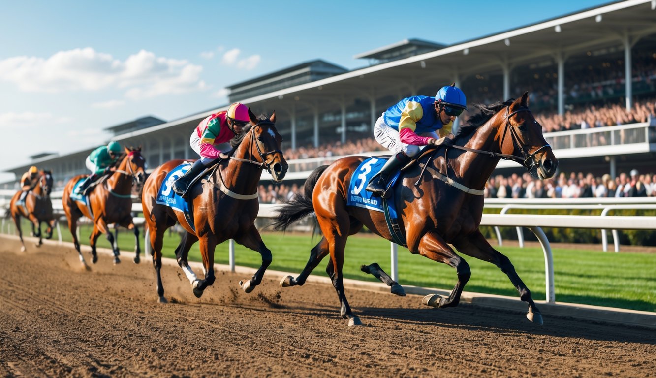Beberapa kuda pacu sedang berlari cepat di lintasan balap dengan joki mengenakan pakaian warna-warni dan penonton di tribun.