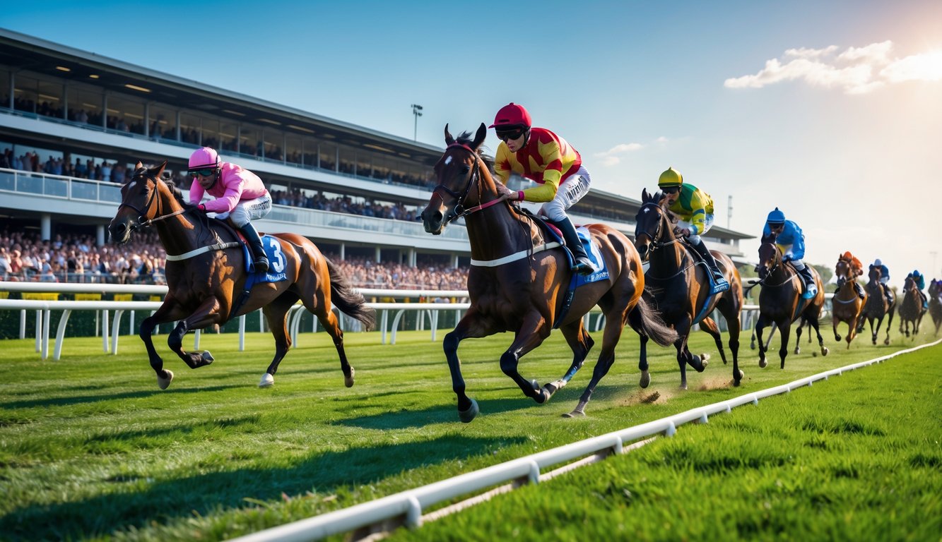 Beberapa kuda pacu dengan joki berwarna-warni berlari cepat di lintasan balap dengan penonton di tribun.