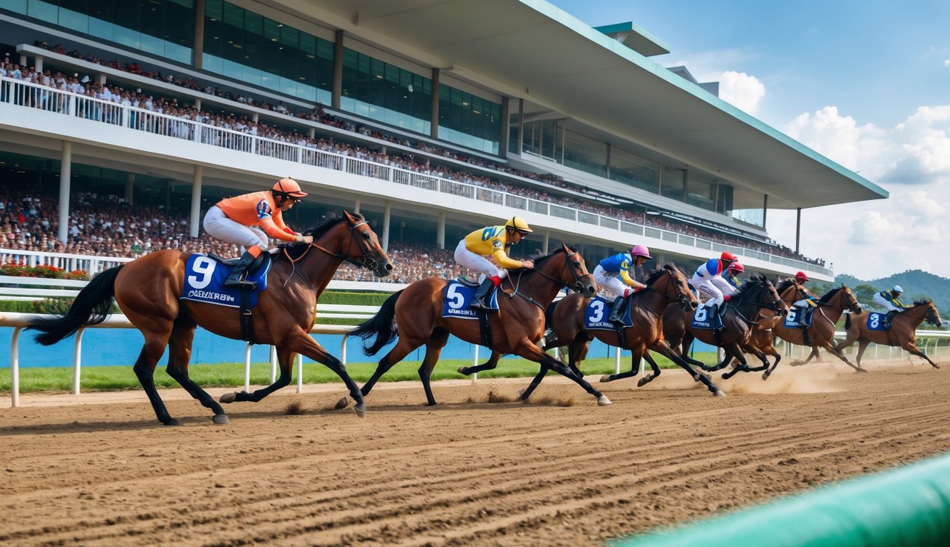 Adegan balap kuda resmi dengan joki mengenakan pakaian berwarna-warni di lintasan balap, penonton di tribun, dan langit cerah.