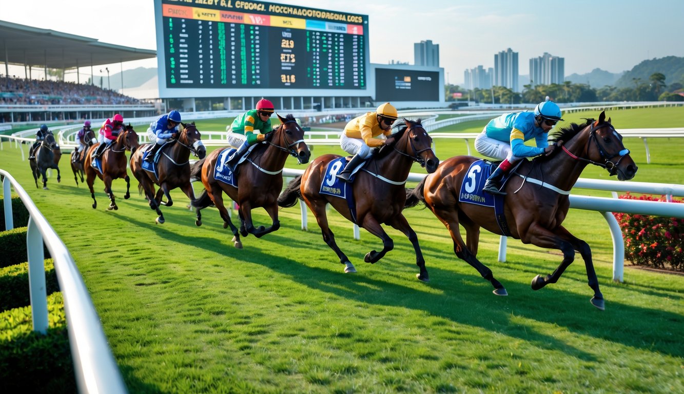 Lomba balap kuda dengan beberapa kuda dan joki yang sedang berlari di lintasan balap dengan penonton di latar belakang.