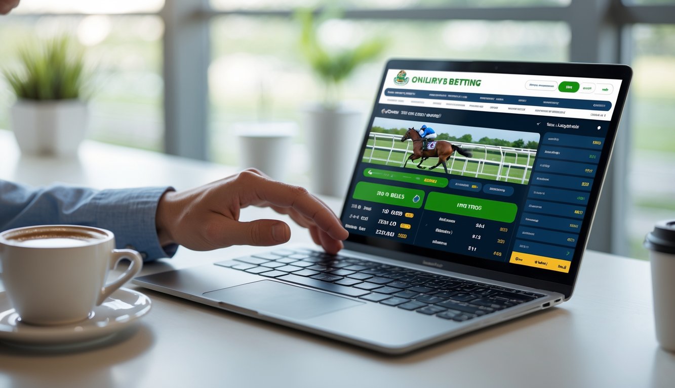 Seseorang menggunakan laptop dengan tampilan antarmuka taruhan balap kuda online yang mudah dipahami di sebuah meja kerja yang rapi.