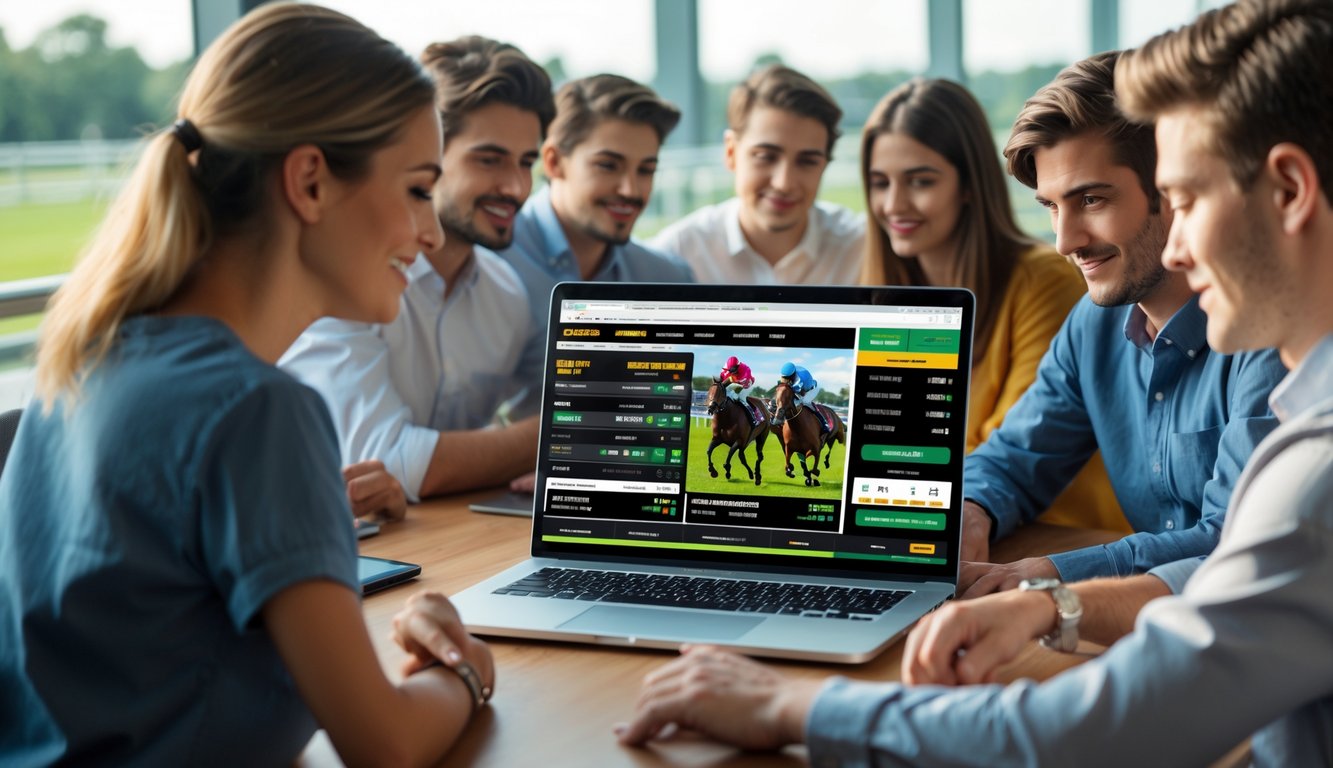 Beberapa orang muda duduk di depan laptop yang menampilkan taruhan balap kuda online dengan latar belakang trek balap kuda terlihat dari jendela.