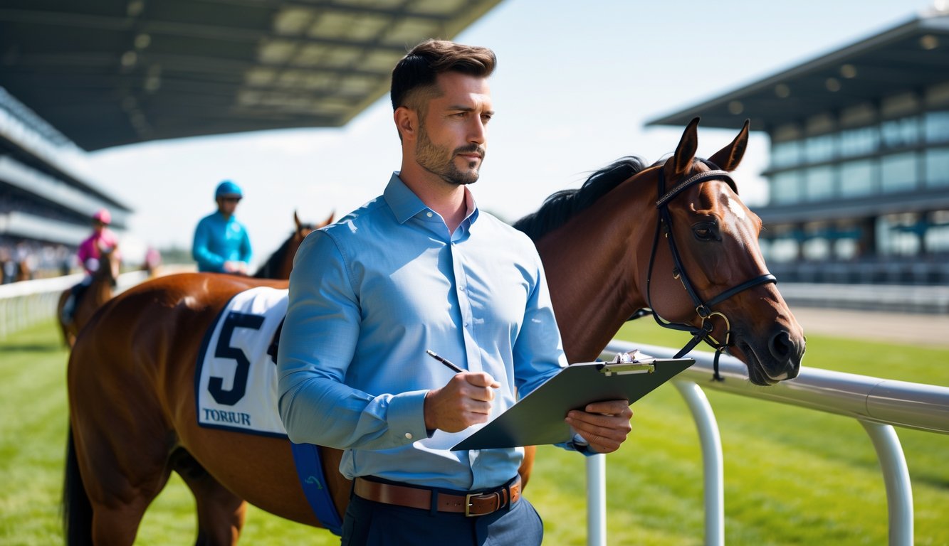Seorang pria berdiri di samping kuda pacu di arena balap dengan latar tribun penonton dan joki yang sedang bersiap.